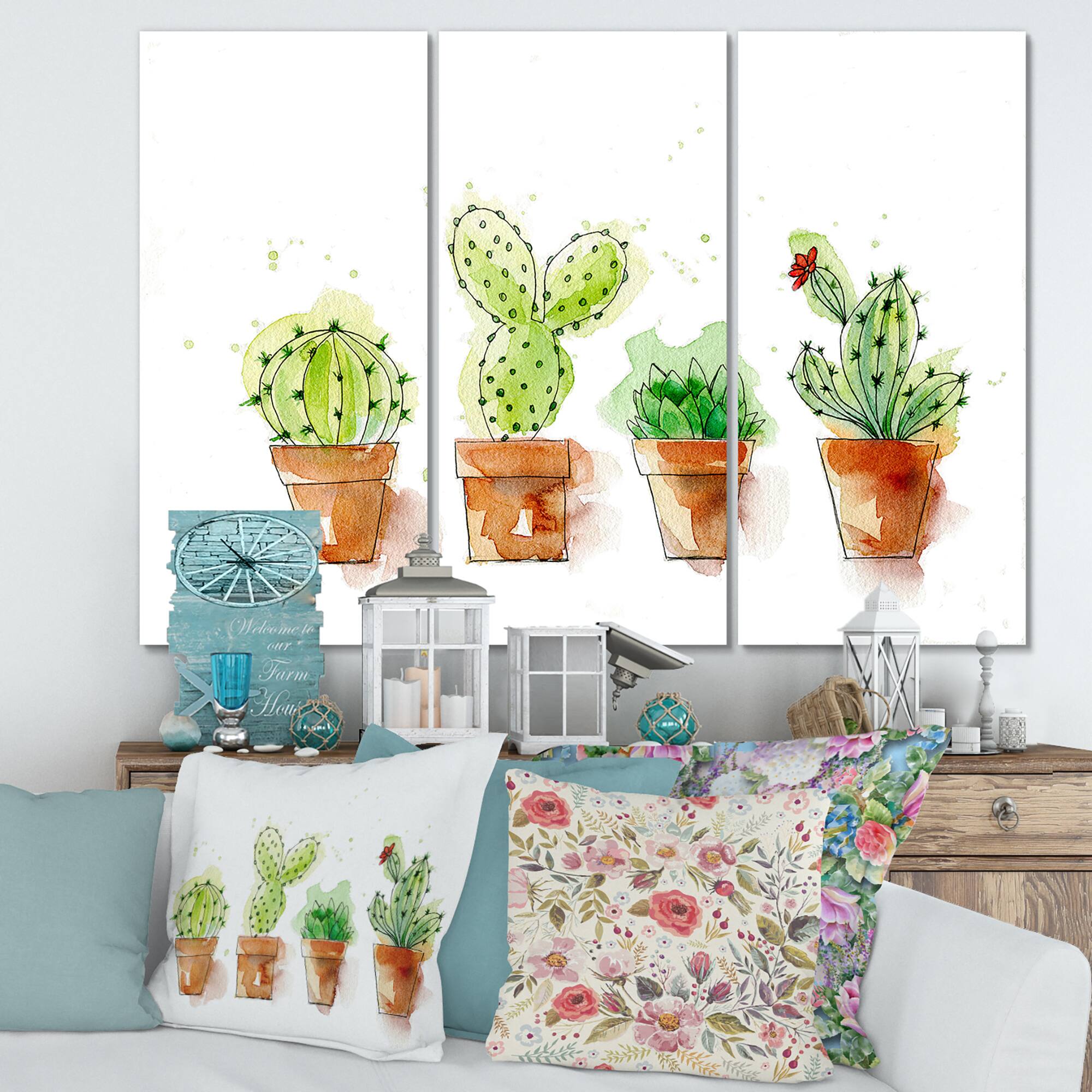 Designart - Cacti In Ceramic Pots In Gentle Tones I